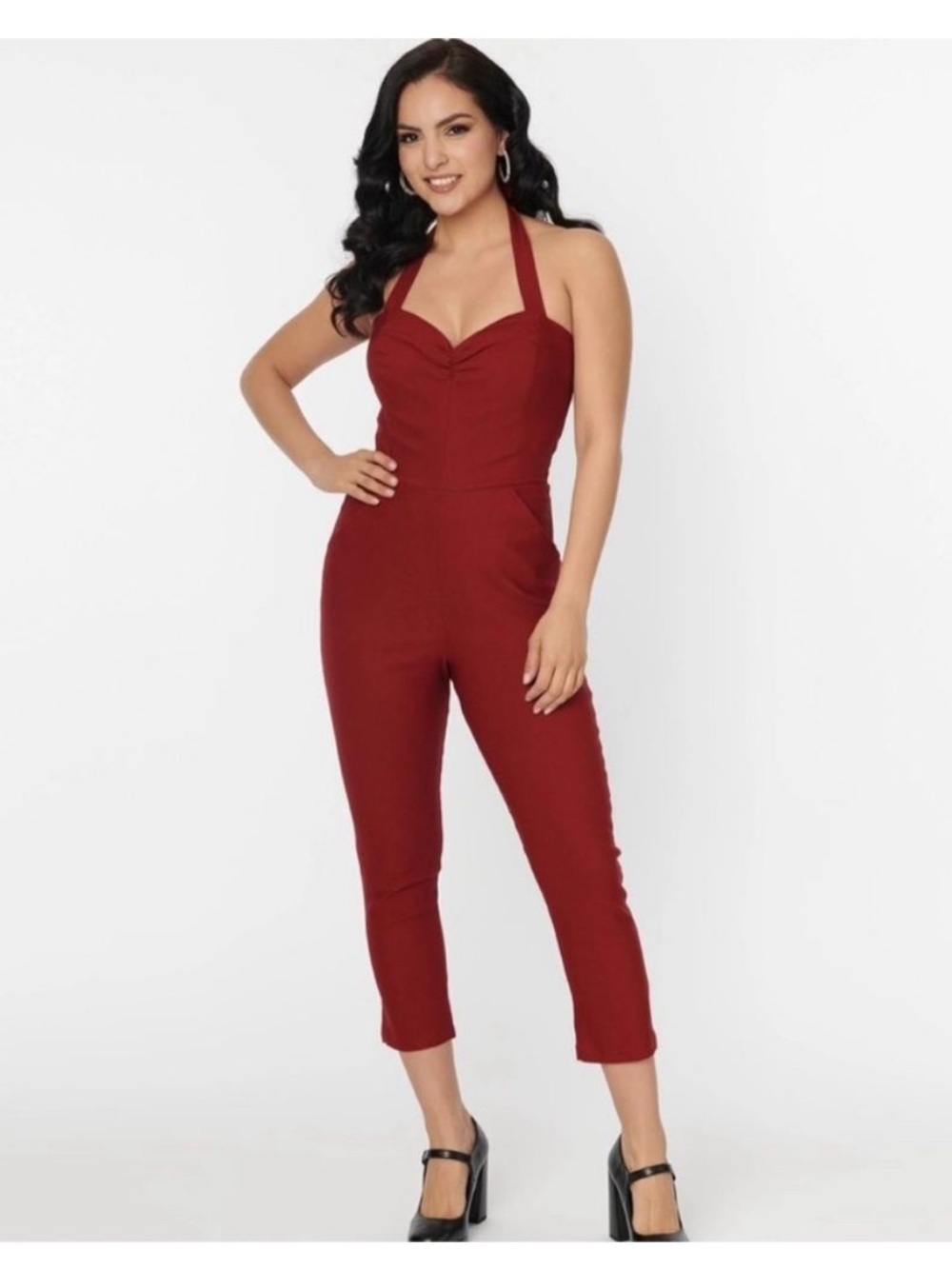 Unique Vintage Burgundy Halter Jumpsuit sz L 10/12 NWT